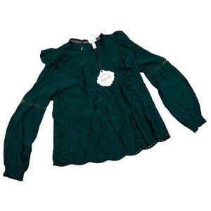 Knox Rose Women's Dark Green Long Sleeve Eyelet Blouse - Size Small - NWT